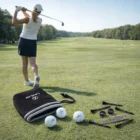 Woman golfing; Personalised Callaway 3 Ball Sets and tees in the foreground.