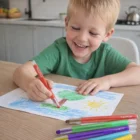 A smiling child draws a colorful picture at the table with Kids Twist Crayon Sets.