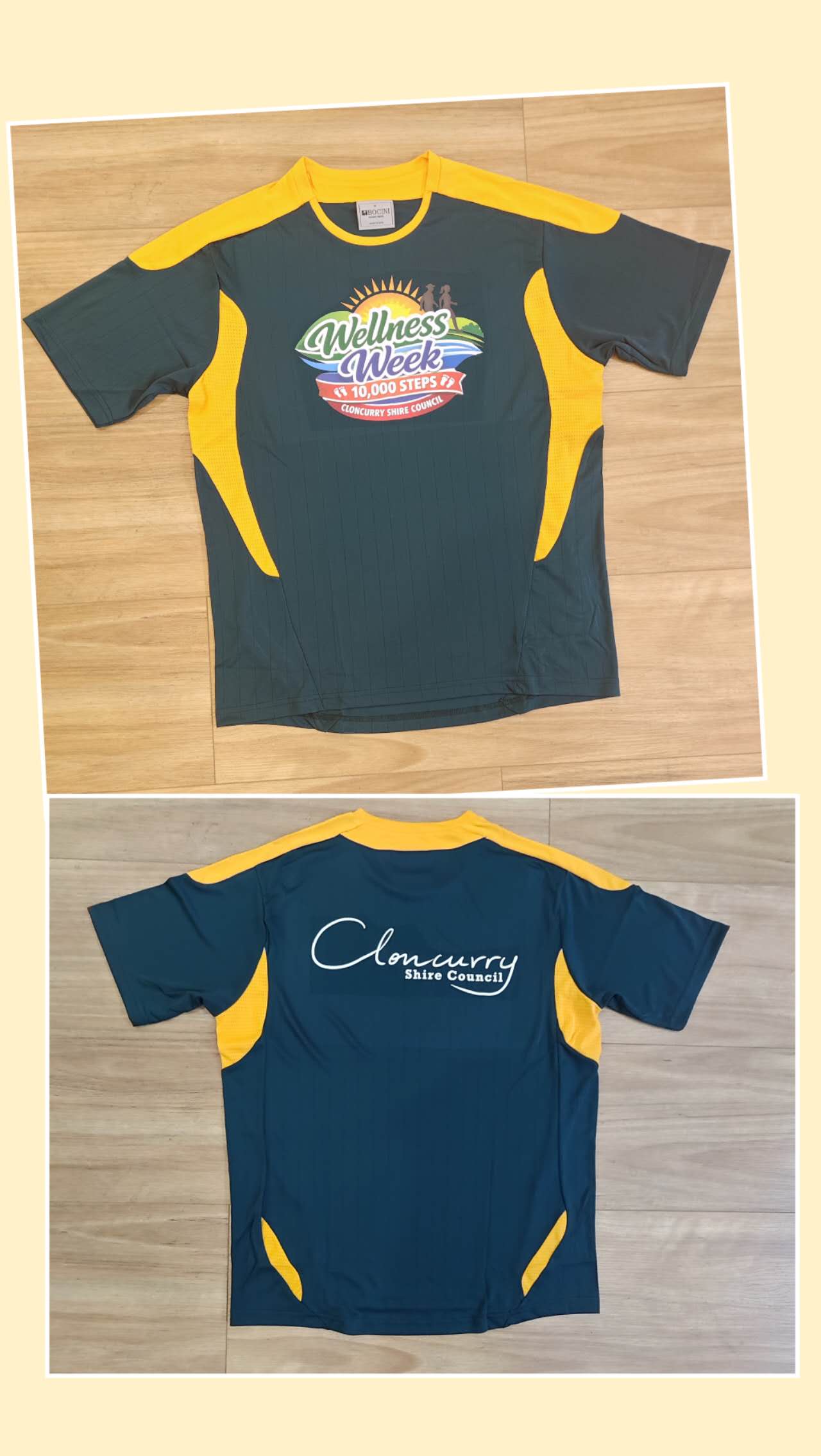 Front and back of a green and yellow Fun Run Merch Wellness Week shirt on a wooden floor.