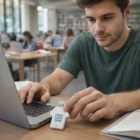 Man inserts Shape USB Keys with custom logo into laptop at library study table.