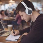 Man wears Camellias Headphone, writes in a notebook at a cafe with coffee beside him.