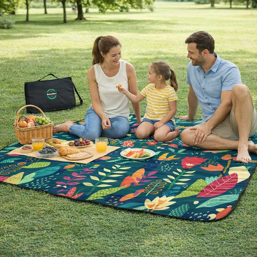 Family enjoys lunch on a Lille Garden Picnic Rug in the park, surrounded by food and a basket.