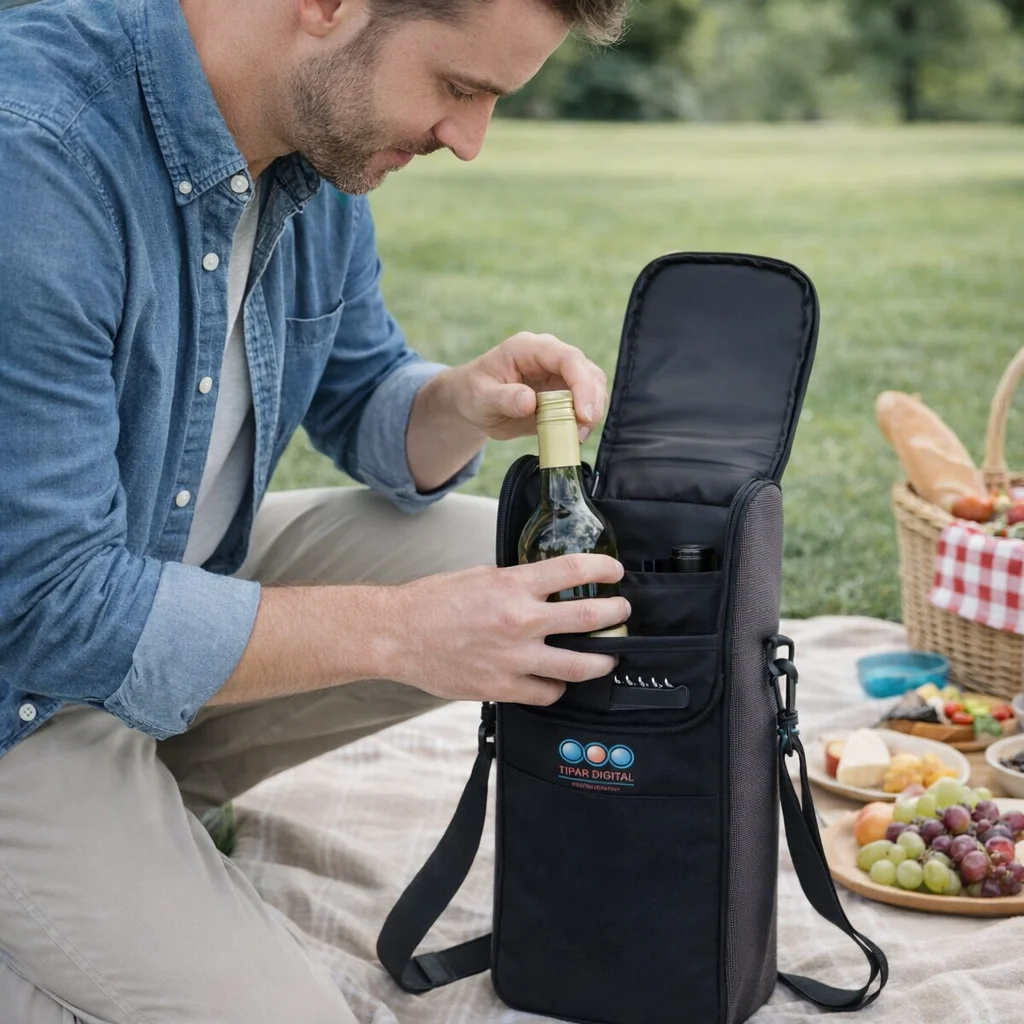Man placing a wine bottle into an Oslo Bottle Cooler Bag + Opener during a picnic on the grass.