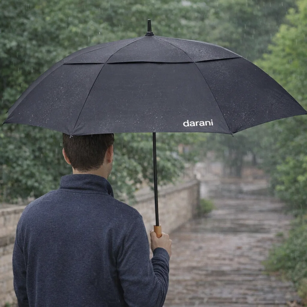 Person holding a Darani 58" Recycled Golf Umbrella stands on a rainy path.