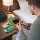 Man sewing a shirt with Sew & Cut Kits beside a bed and nightstand.
