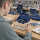 At a library table, someone opens a Moira Glass Lunch Box beside books and a backpack.