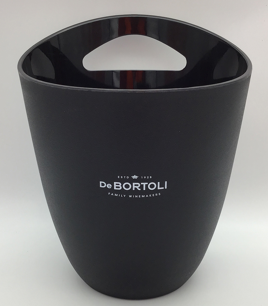 Black De Bortoli Wines cooler bucket with handle and white winery logo on the front.