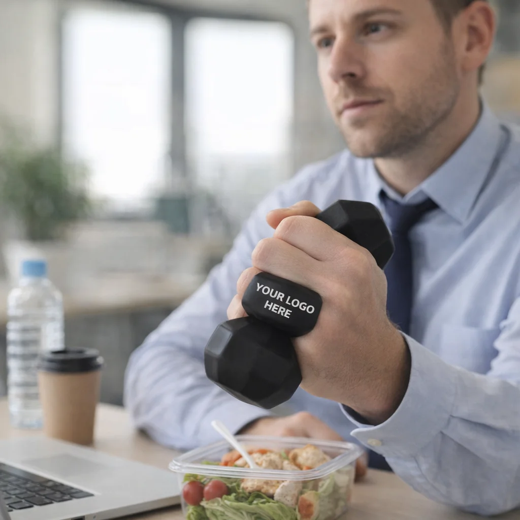 Man in office holds Dumb Bell Shapes next to salad and laptop.