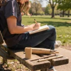 Someone writes in a notebook on a park bench with Eco Writing Sets next to them.