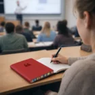 Student taking notes with an Edge A5 Rainbow Ruled Notebook on the desk in a lecture hall.