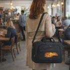 Woman in a cafe carrying a Bizmate Satchel featuring a lion and the word "Safari" on it.