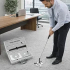 Man in office using an Executive Golf Set Professional near a desk with briefcase open.