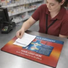 A woman in a red shirt reads papers at checkout featuring an Economy Counter Mat.