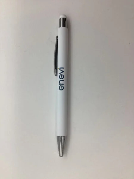 A white pen with silver accents—an elegant choice for event gifts, "enav" on its side.
