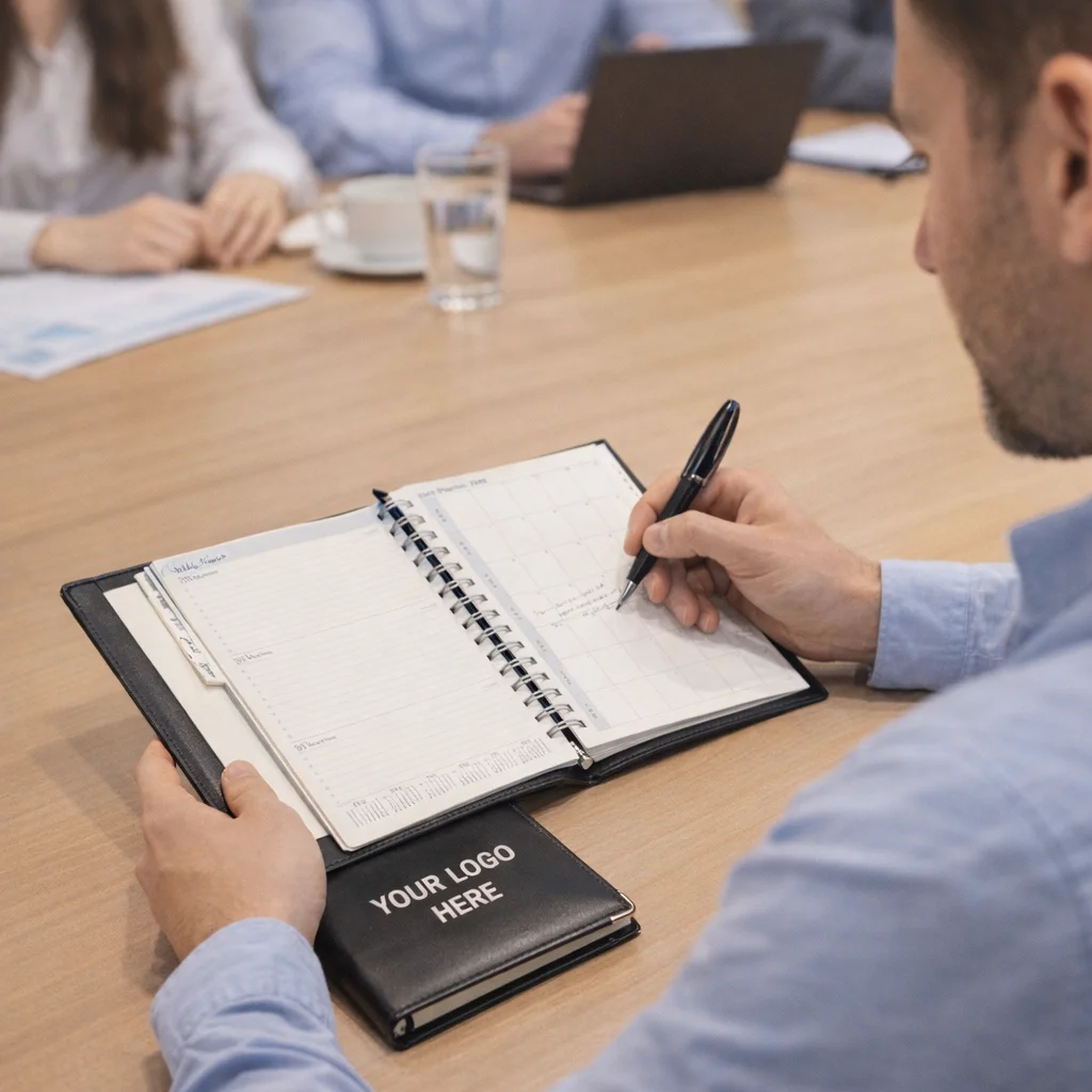Man writing in Executive Planners With Logo Branding at a meeting table with colleagues.