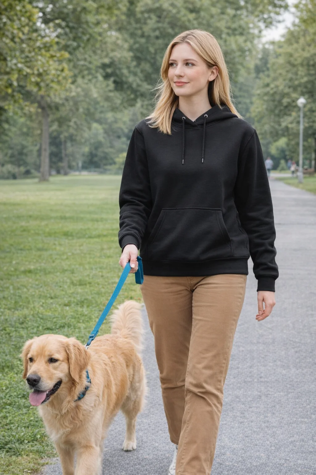 Woman in a Ky Adult's Close Front Contrast Fleecy Hoodie walks a golden retriever in the park.