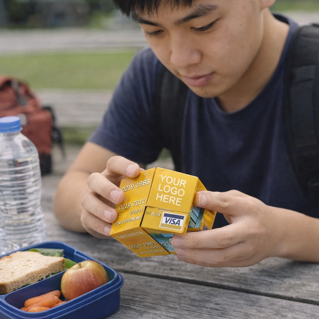 Young man studies a yellow cube with Fold Out Paper Credit Cards at a picnic table.