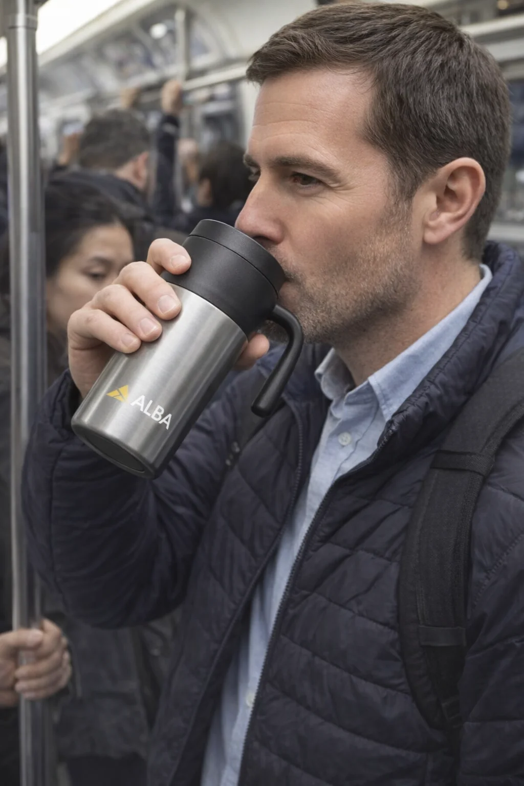 Man enjoys coffee from Alba Logo Branded Travel Mug on a busy subway.