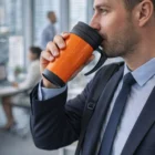Man in suit sipping from a Corporate Branded Thermo Mug in a modern office setting.