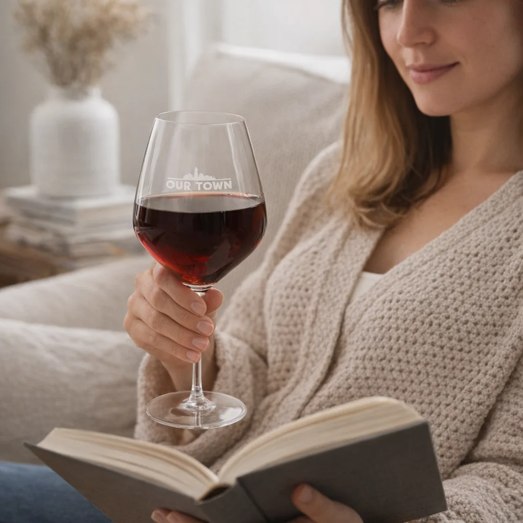 Woman enjoys a book, sipping red wine from Artois Wine Glasses 590ml on a cozy couch.
