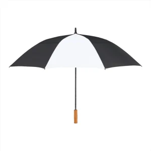 Black and white golf umbrella with a timber-look handle