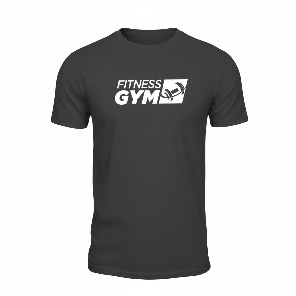 Black T-shirt with FITNESS GYM and a dumbbell—perfect to encourage gym membership.