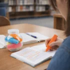 Someone highlights a book; Highlighter in a Jars sits on the table nearby.
