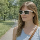 Woman in Riviera Customised Sunglasses smiles, walking on a sunny path in a green park.