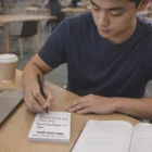 Young man writes on 75mm x 75mm adhesive notes (2-4 colours) at library with laptop, coffee.
