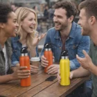 Four friends laugh outdoors, holding Pearly Vacuum Insulated Drink Bottles at a table.
