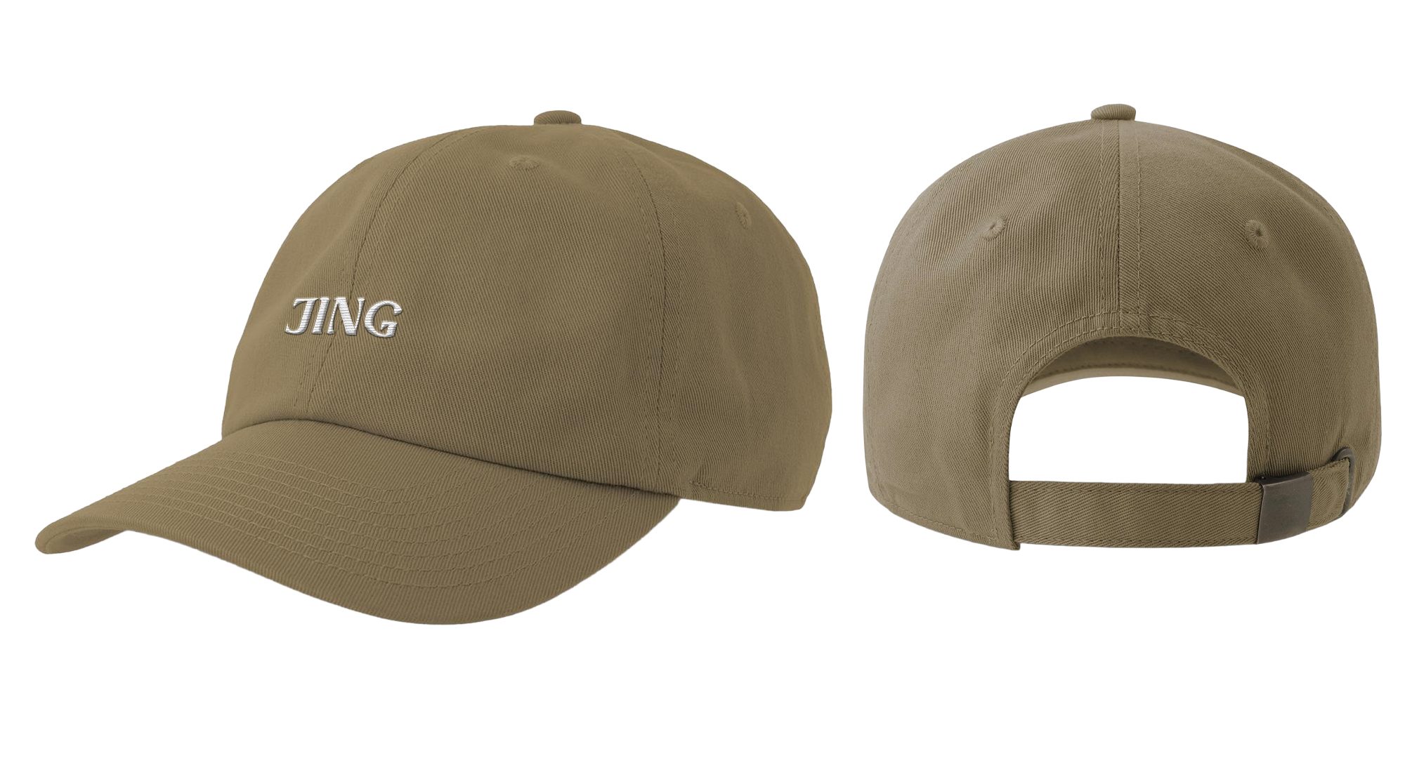 Olive green JING Organics cap, Byron Bay style, shown front and back.