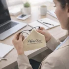 Person cleans glasses with a Micro Fiber Cloth Event Handout Idea at a desk with a laptop.