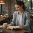 Woman reading at a café table, wrapped in Women’s Tribeca Cardigan.