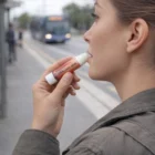 A woman applies Promotional Lipcares SPF30+ while waiting at a bus stop.