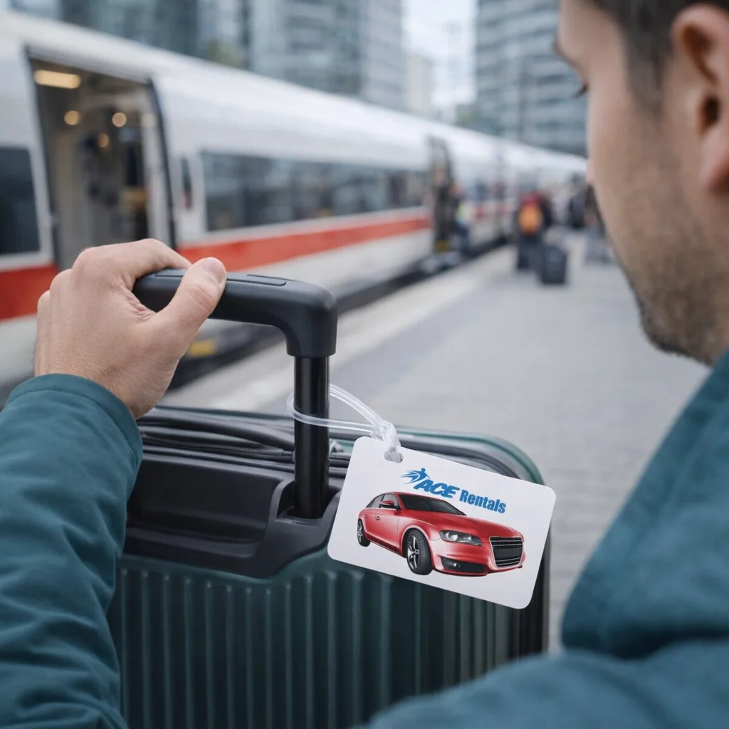 Man at train station holds suitcase with Kleo Luggage Tags and a car rental tag on the handle.