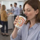Woman enjoys Downtown Coffee in a Downtown Coffee Cup With Handle at a busy office.