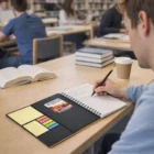 Someone writing in a Trek Eco Notebook at a library table with books, coffee, and sticky notes.