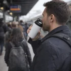 Man in a black jacket drinks from a Libra Coffee Cup on a busy train platform.