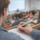 Student taking notes in a crowded lecture hall, holding a pen labeled Zetris Pens.