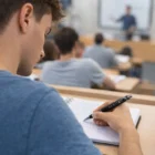A student takes notes with Metal Pens Jarvis during a classroom lecture.