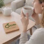 Woman holding a cup near Eco-Friendly Cork Square Coasters (Set of 4) on a wooden table.