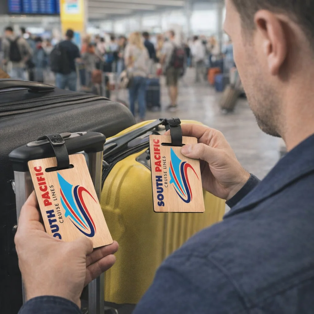 Man attaching a Ludi Bamboo Luggage Tag to his suitcase at a busy airport.
