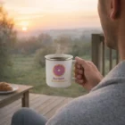 Person holding a Vitreous Thermal Mug, watching sunrise on a deck with coffee and a croissant.