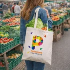 Woman with vegetables in a Double Short Handle Calico Tote Bag at a busy farmers market.