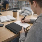 Writing in a Ventura A5 Notebooks 96 Leaves at a library table with books and coffee.