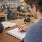 A student writes in a notebook with Chrystalis Pens at a library table surrounded by peers.