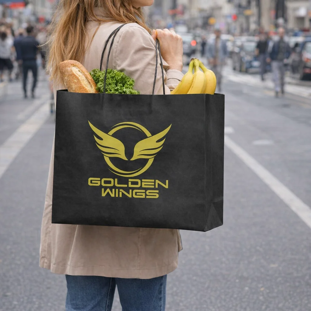 Person carrying Kraft Paper Bag Extra Large filled with groceries, bread, and bananas.