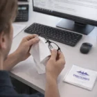 Person cleaning eyeglasses with Basildon Microfibre Lens Cloths at a desk with computer.