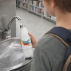 Someone fills a Vitasip Aluminium Drink Bottle at a library drinking fountain.