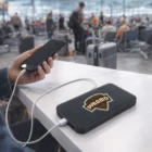 Person charging phone with a Widnes Wireless Power Bank at an airport seating area.